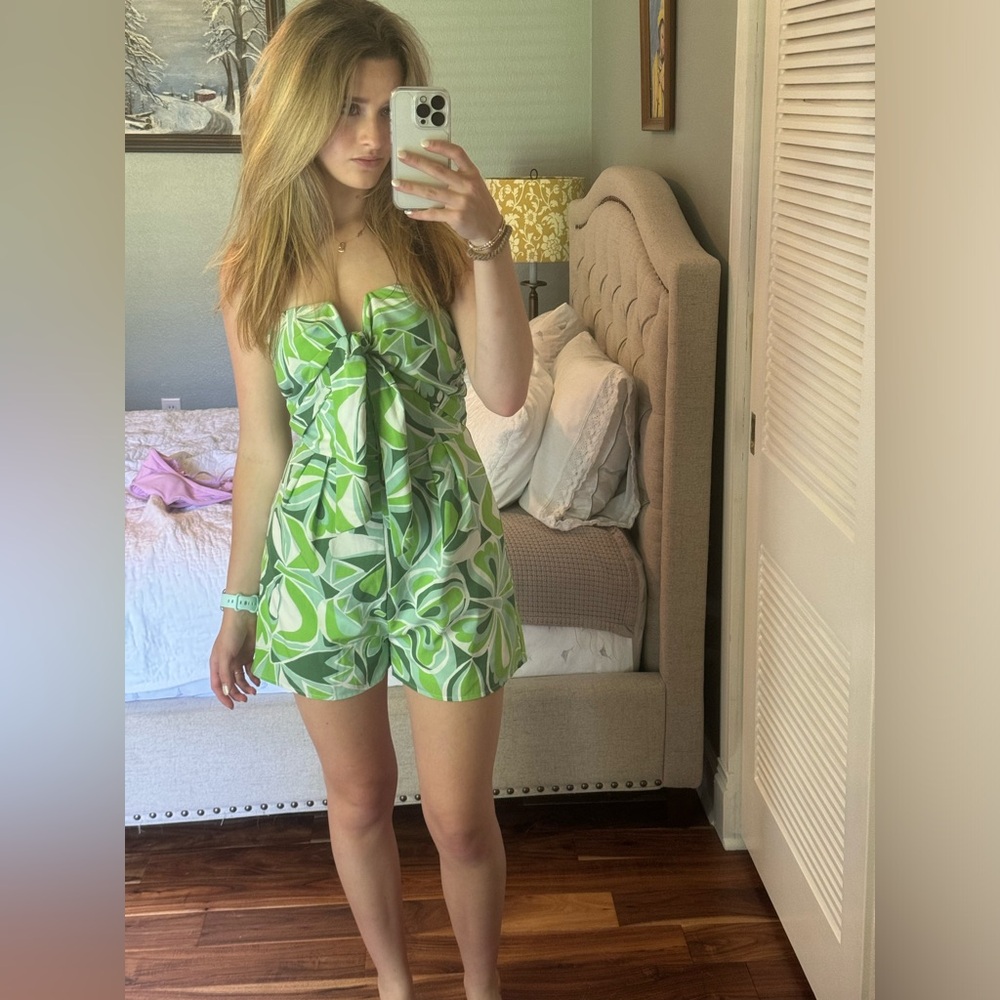 Green tie front romper